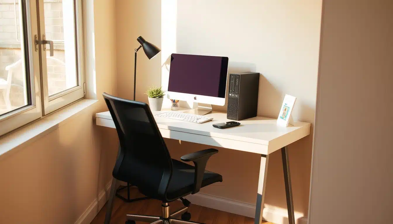 narrow desk ergonomic setup